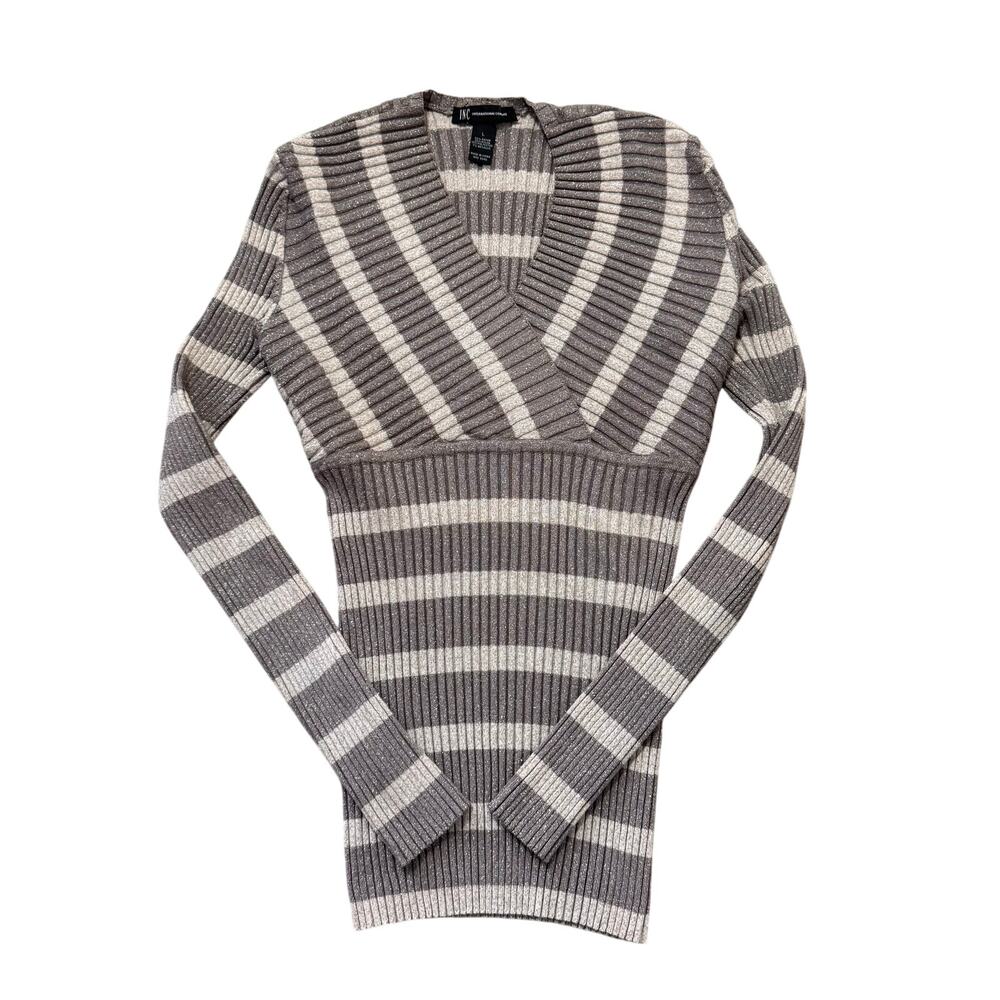 Y2K INC Ribbed Sweater L Glitter Striped V Neck Fitted Coquette Grunge Fairy - Picture 2 of 9